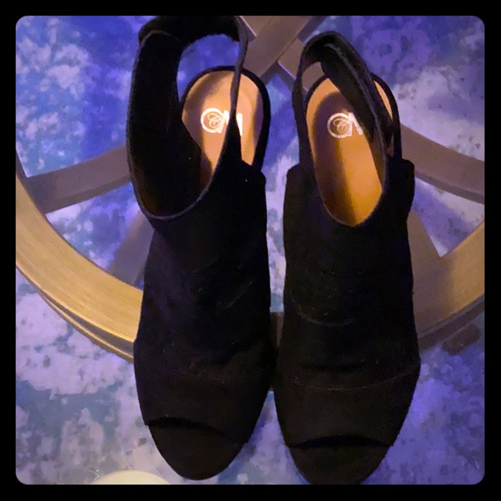 Black suede material heels open toe size 8